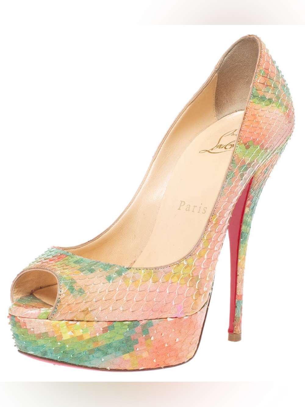Christian Louboutin Python Pixel Troca 140 Peep Toe Platform Pumps, Size 39